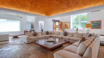 Flat-screen TV, video library, stereo