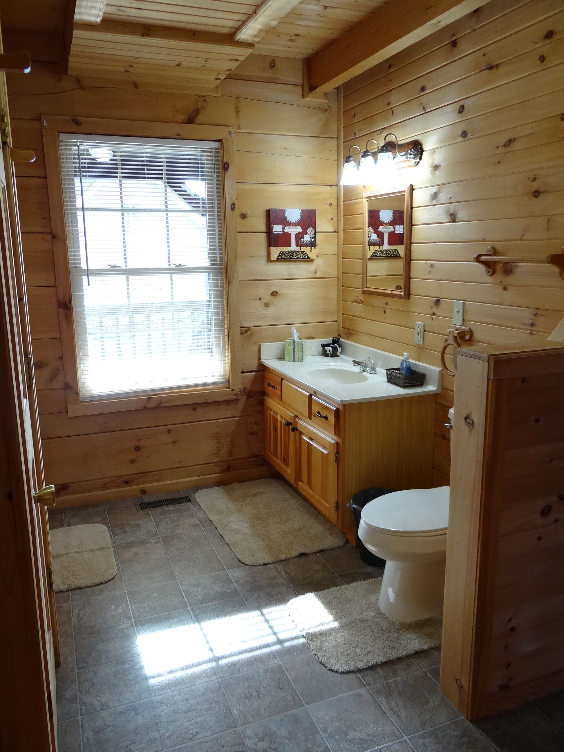 Une salle de bain rustique, située dans une cabane en bois, avec une fenêtre, un lavabo, des toilettes et des placards.