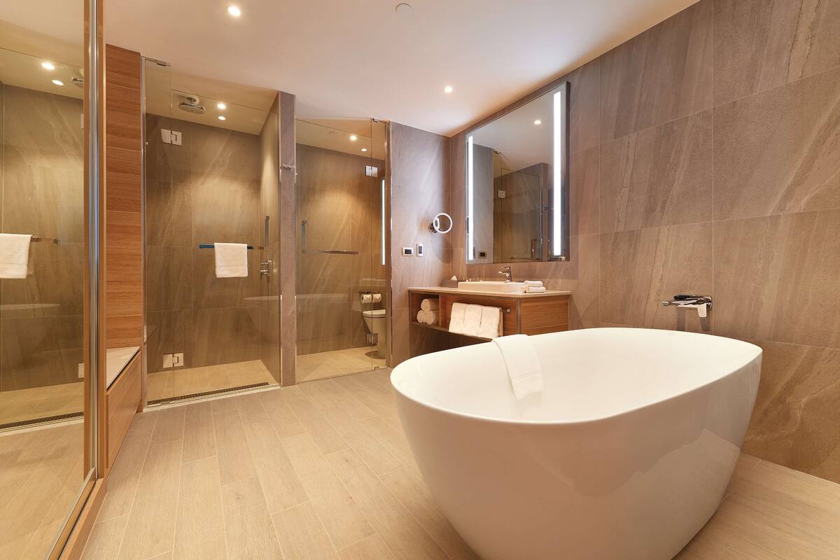 shower, designer toiletries, hair dryer, bathrobes