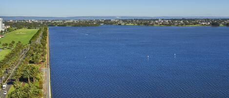 A large body of water with a park and buildings in the background.
