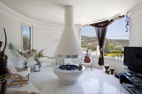 Smart TV, fireplace, video games, DVD player