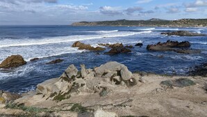 A coastal landscape with rocky terrain and waves crashing against the shore.