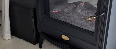 A black wood-burning stove with a glass door, a gold knob, and a black cord plugged in.