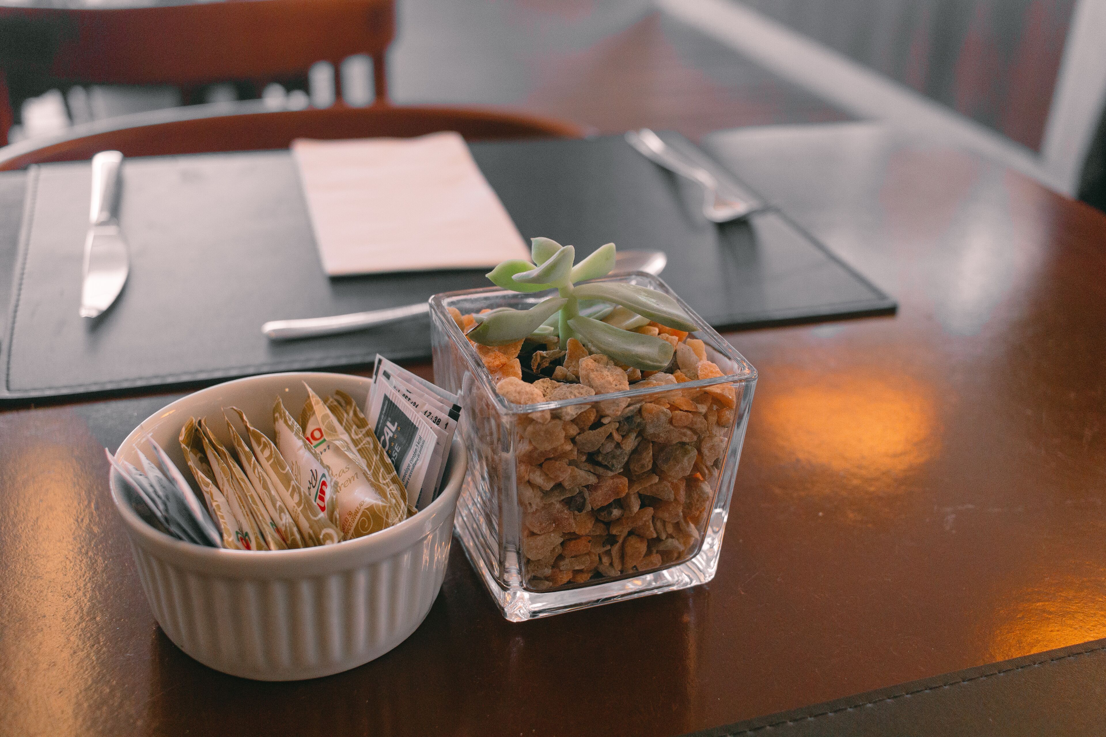 Una mesa de comedor con un tazón blanco lleno de porciones de comida, un recipiente de vidrio con frutas secas y una planta jugosa.