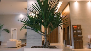 A reception area with a large artificial palm tree, a white sofa, a wooden bookshelf, and a trash can. - SQUARE DESIGN HOTEL (Rio de Janeiro)