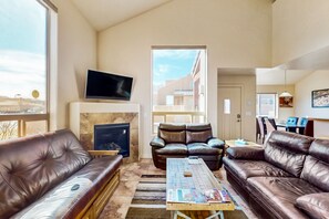 TV, fireplace, DVD player, books