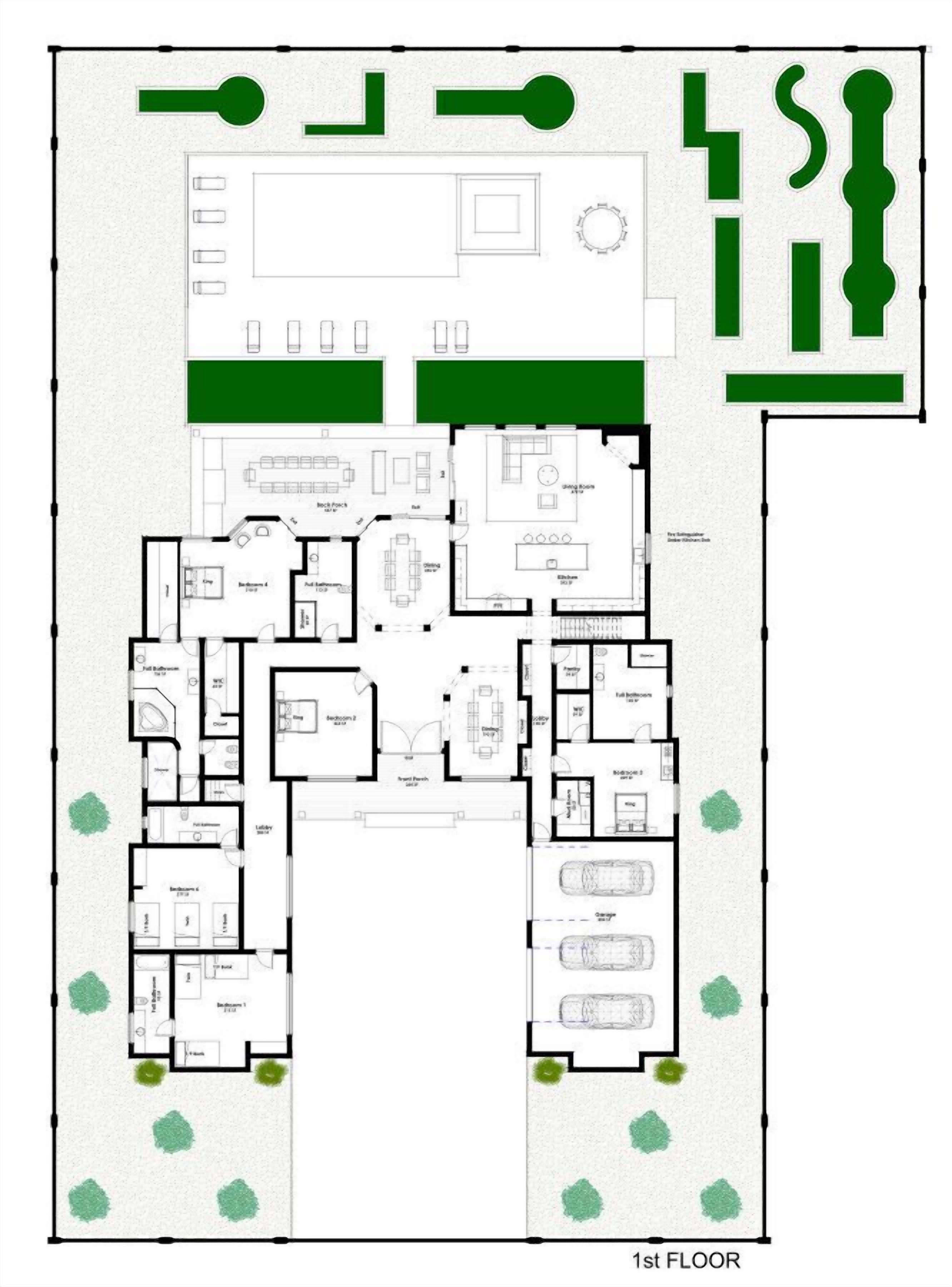 Grundriss eines Hotels im ersten Stock mit mehreren Schlafzimmern, einer Küche, einem Essbereich und einer Garage.