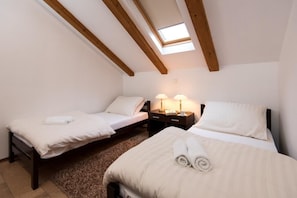 A small, cozy bedroom with two single beds, a skylight, wooden beams, and a nightstand with lamps.