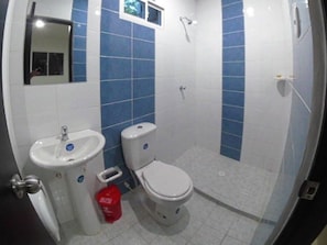 Shower, rainfall showerhead, free toiletries, towels