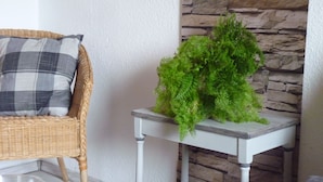 A wicker chair with a plaid cushion and a small white table with a green plant. - HOUSE TOURNEUR - Beautiful apartment with fireplace (Lippetal)