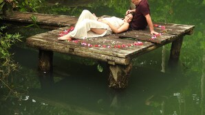 A wooden dock with a person lying on it, surrounded by greenery and water.