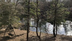A wooded area with a swing set and a lake.