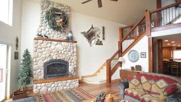 TV, fireplace, DVD player, foosball