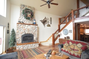 TV, fireplace, DVD player, foosball