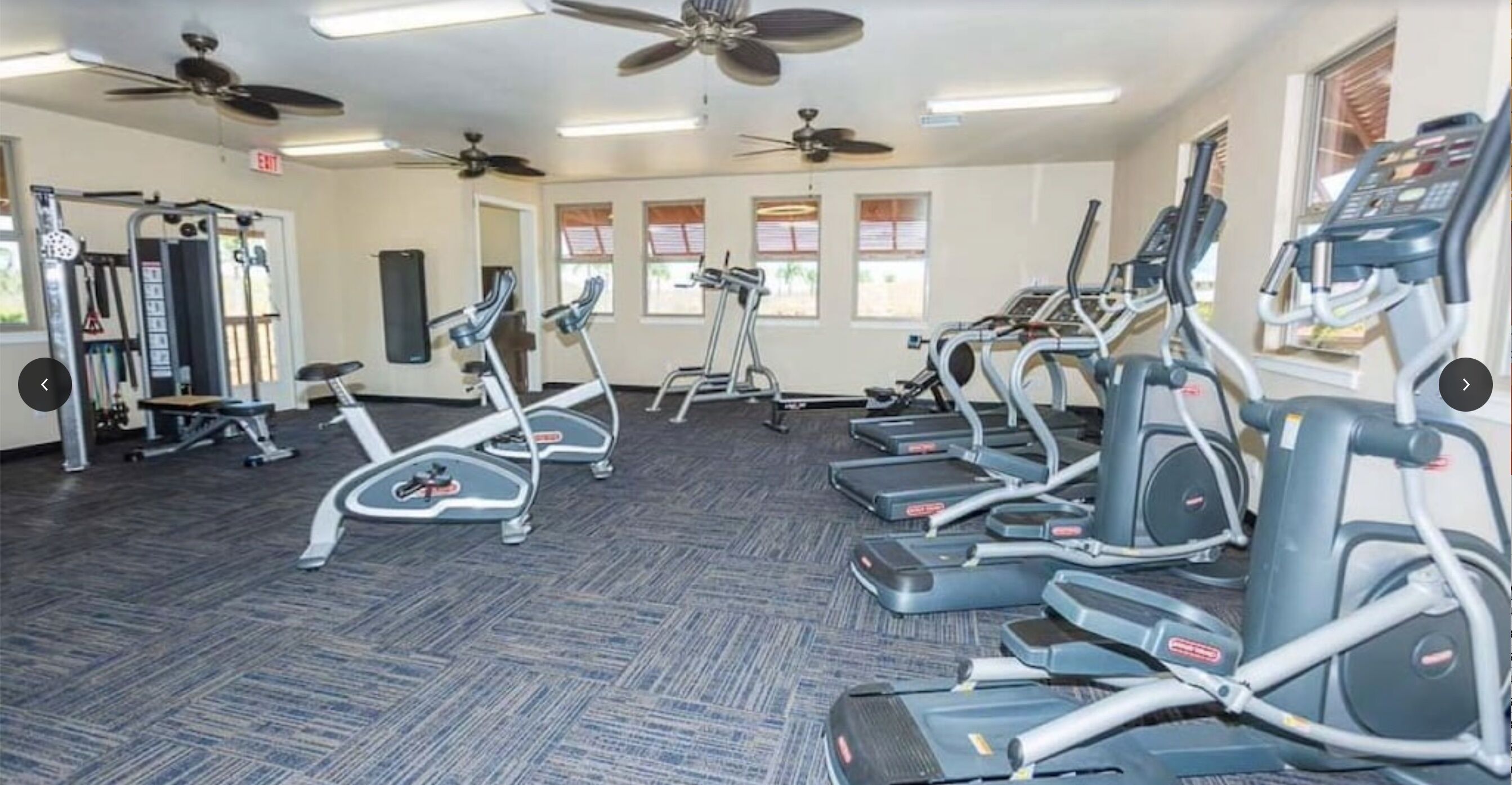 A gym with treadmills, elliptical machines, and weightlifting equipment.