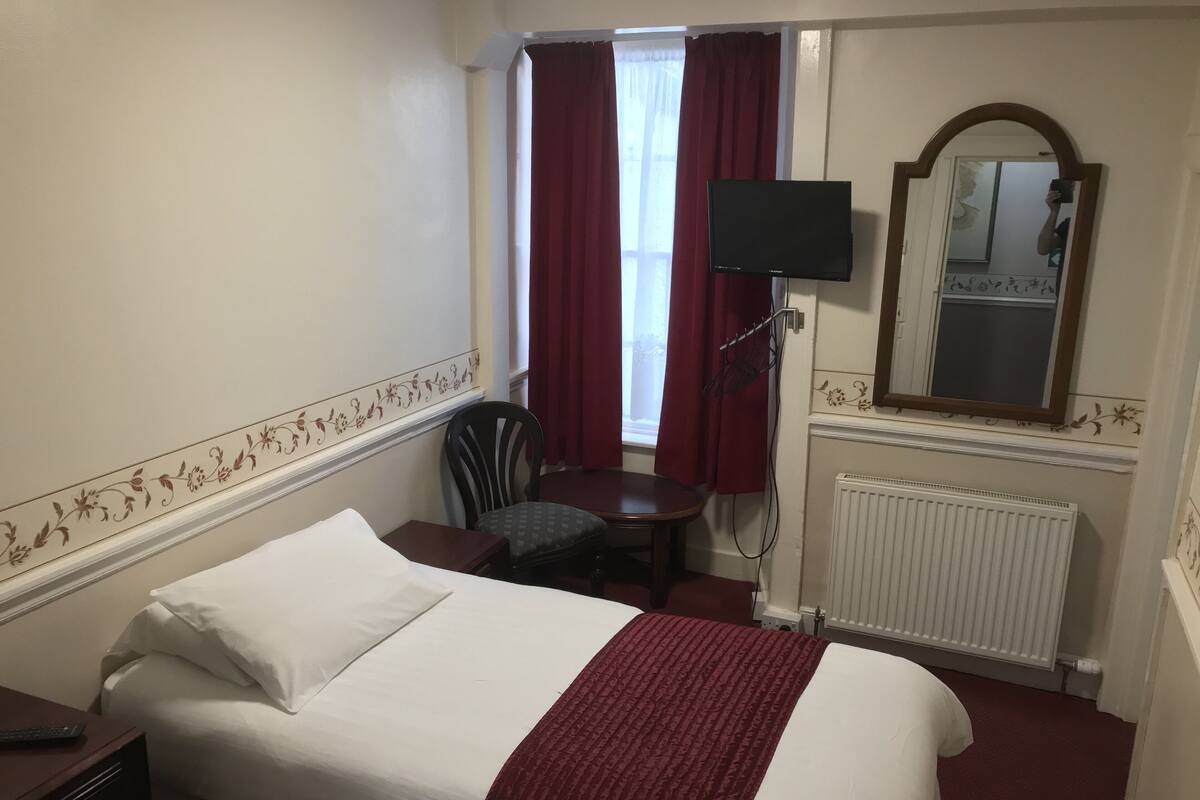 A hotel room with a bed, a desk, a chair, a television, and a radiator.