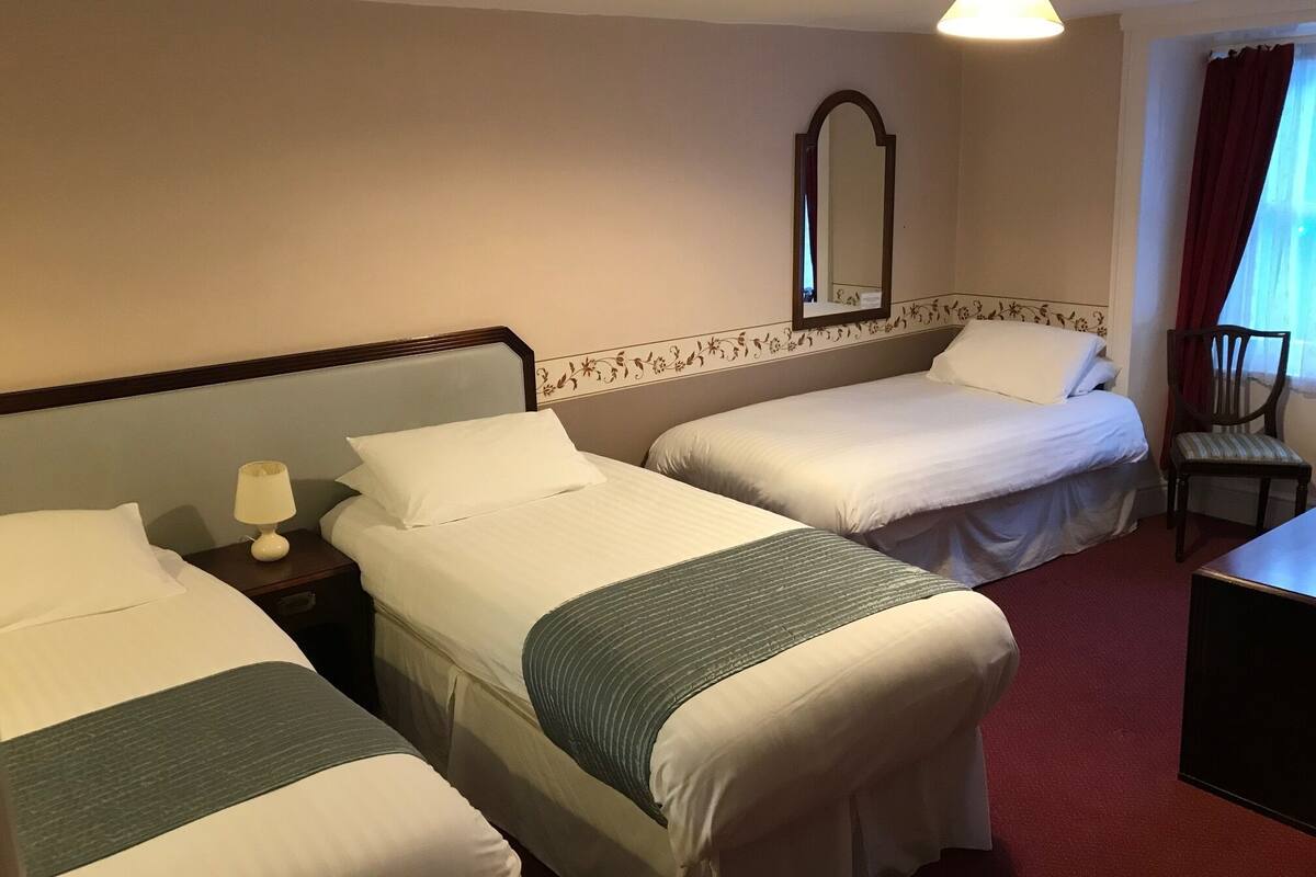 A hotel room with two single beds, a nightstand with a lamp, a chair, and a desk.