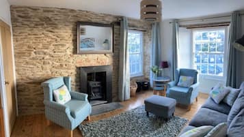 Smart TV, fireplace, DVD player, books
