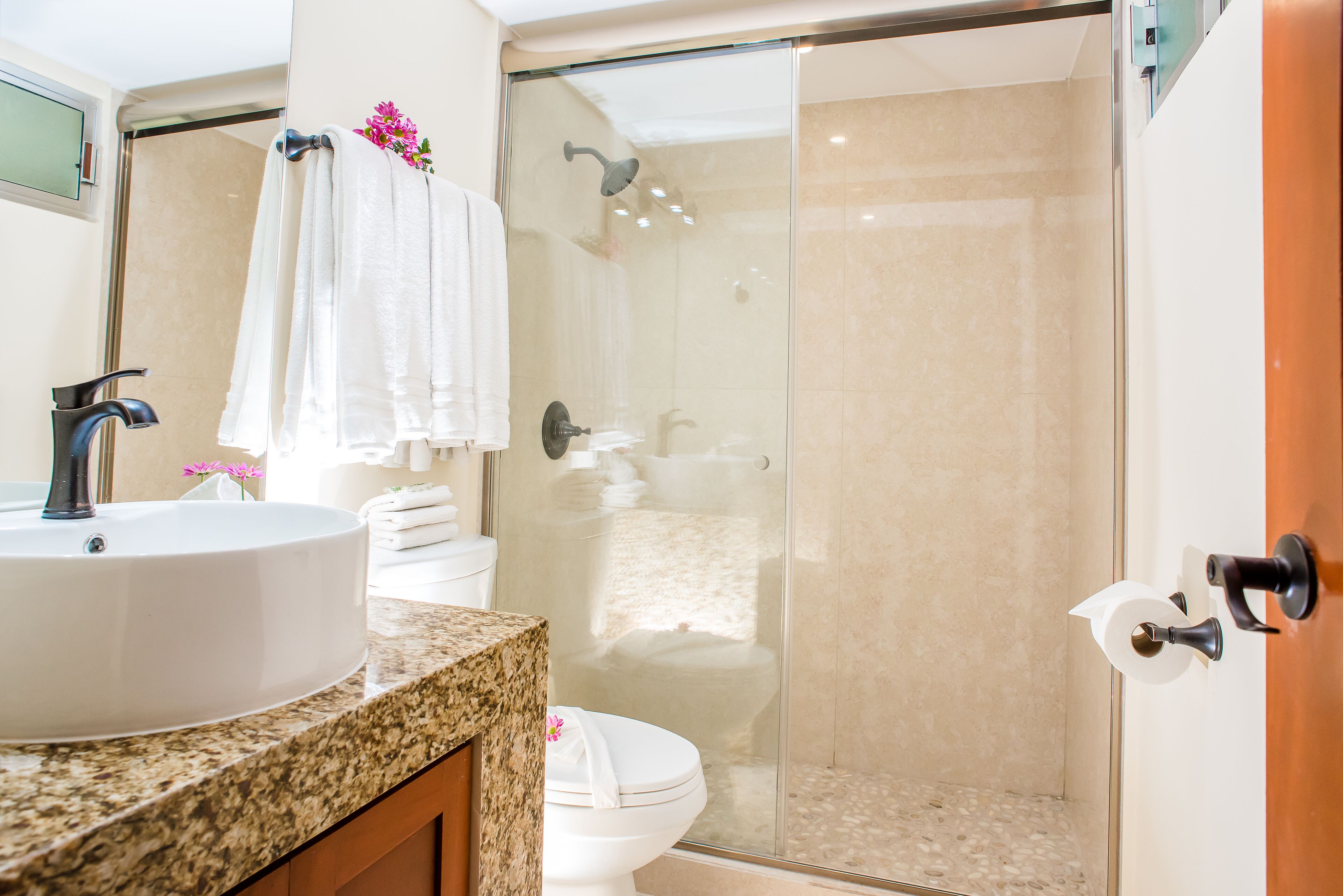 Chuveiro, secador de cabelo, toalhas de banho 