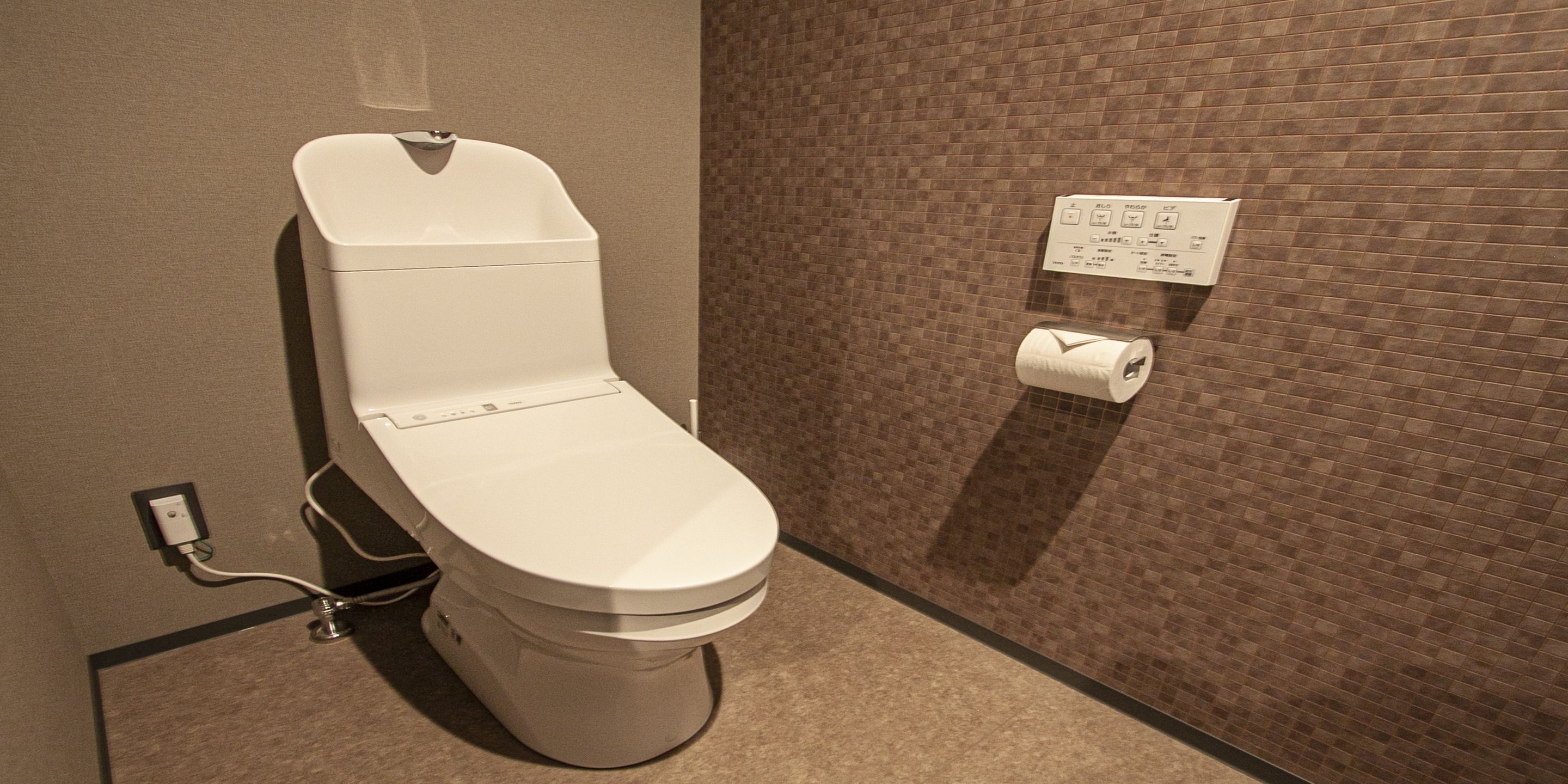 A modern toilet with a control panel, a flush handle, and a toilet paper dispenser on the wall.