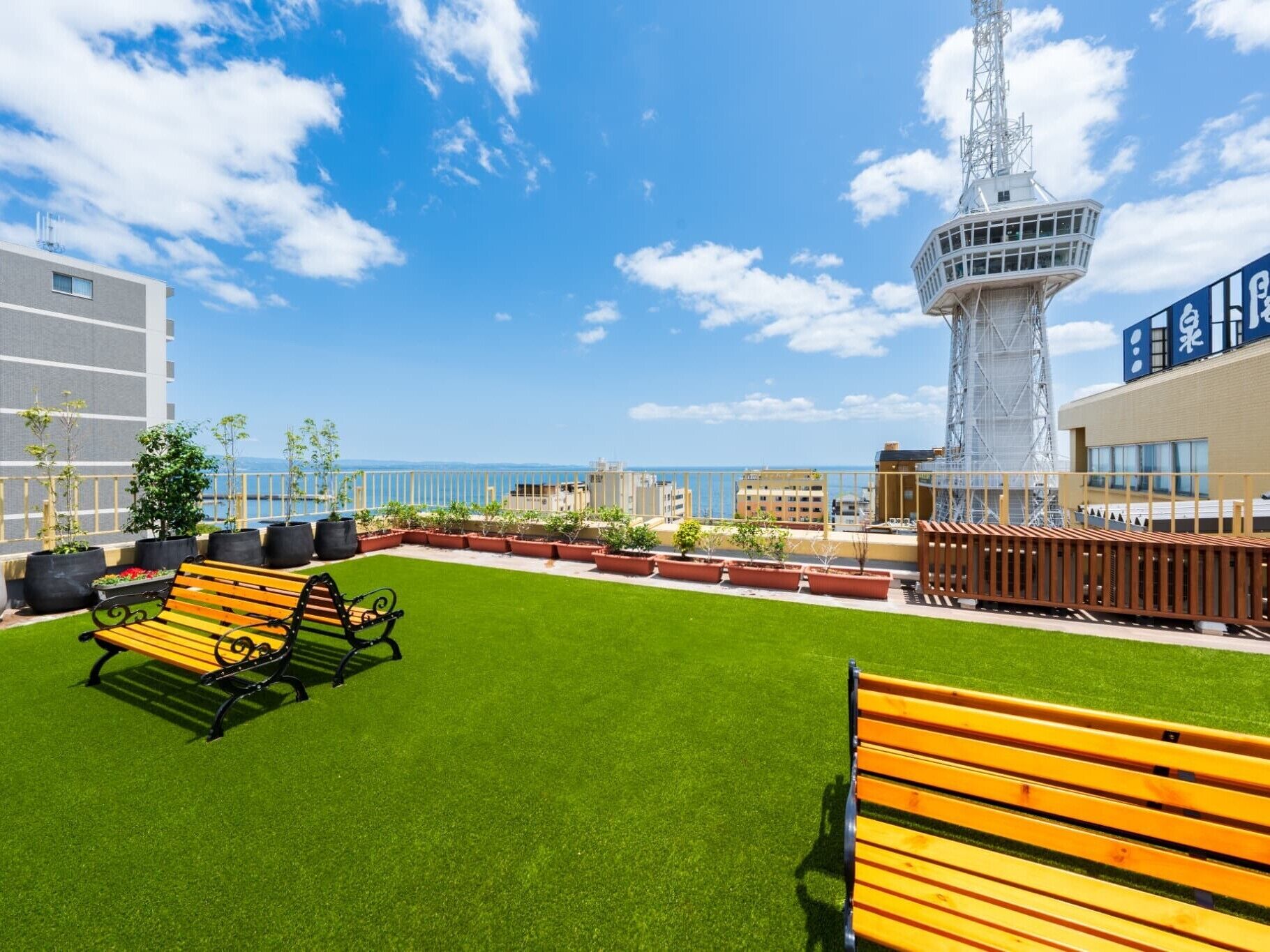 Une terrasse sur le toit, avec un revêtement d’herbe artificielle, des bancs en bois, des plantes en pot et une vue sur la mer et les bâtiments.