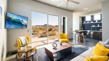 Smart TV, fireplace, foosball, table tennis