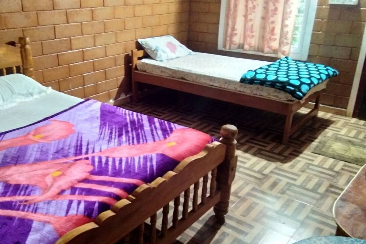 A room with two wooden beds, one with a purple and pink blanket and the other with a blue and white patterned blanket.