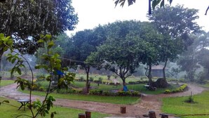 A circular fire pit surrounded by wooden posts in a garden setting with trees and a path. - Muccole Stay (Madikeri)