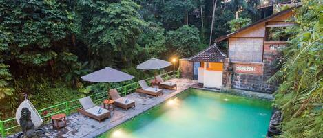 Outdoor pool, pool umbrellas