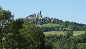 A castle on a hill with surrounding greenery and clear skies.