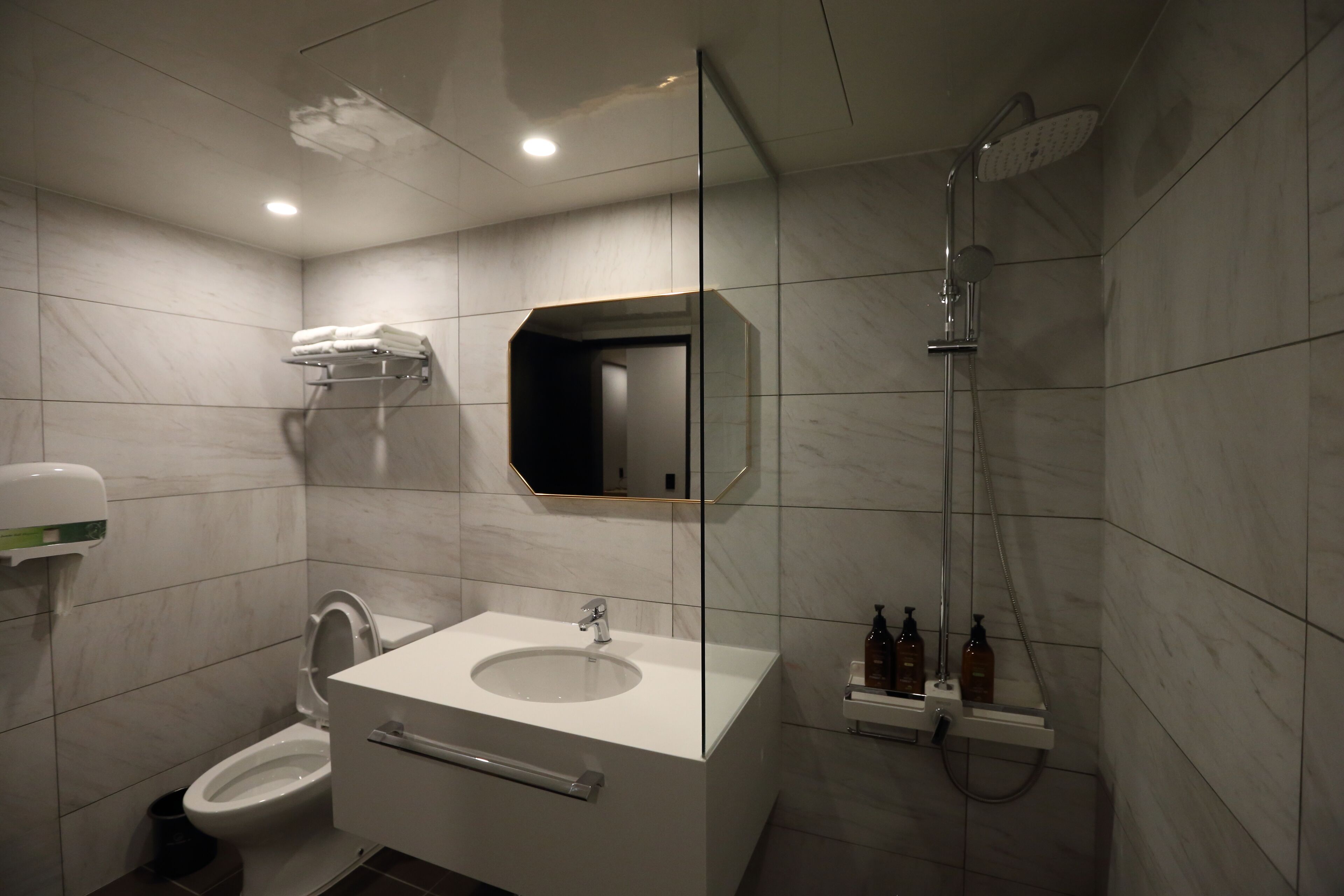 Un baño moderno con inodoro, lavabo y ducha.