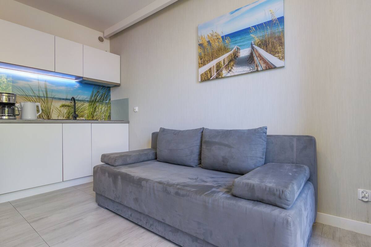 A modern living room with a grey sofa, a kitchen area with a coffee maker, and a beach-themed painting on the wall.