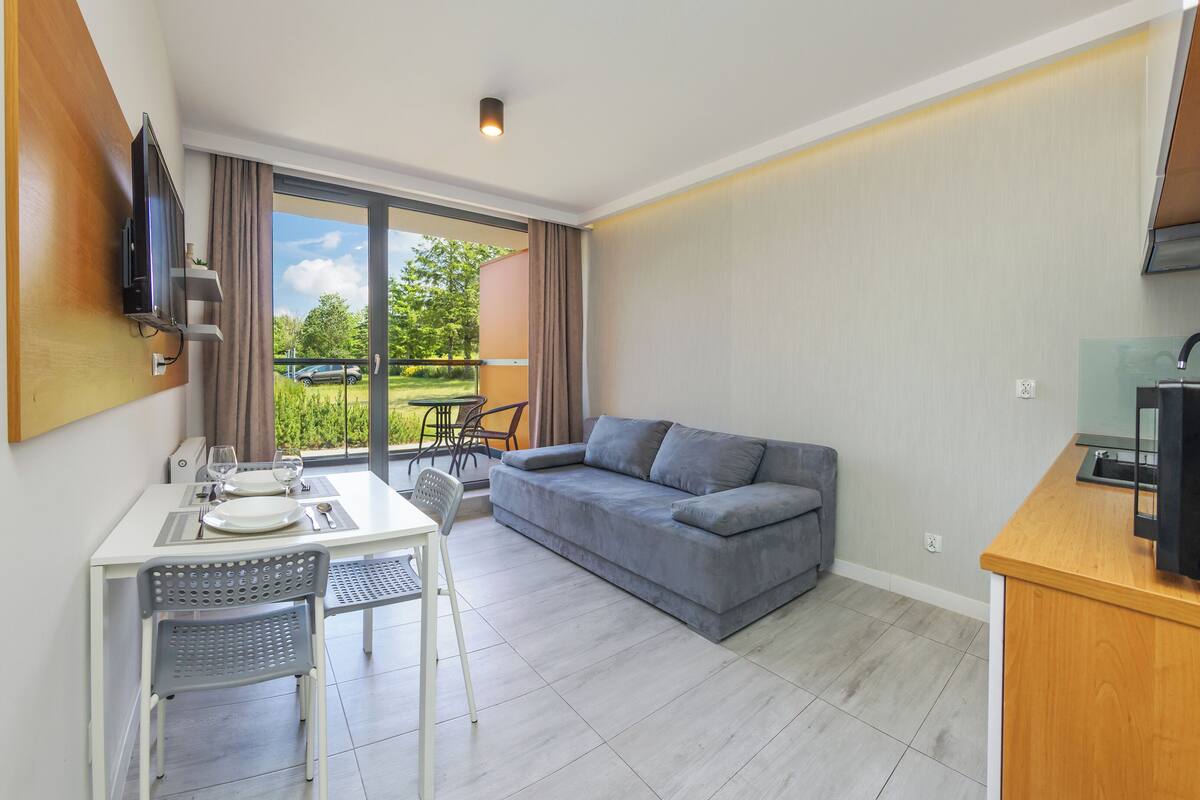 A modern living room with a grey sofa, a dining table with chairs, a flat-screen TV, and a sliding glass door leading to a balcony with a view of greenery and a parked car.