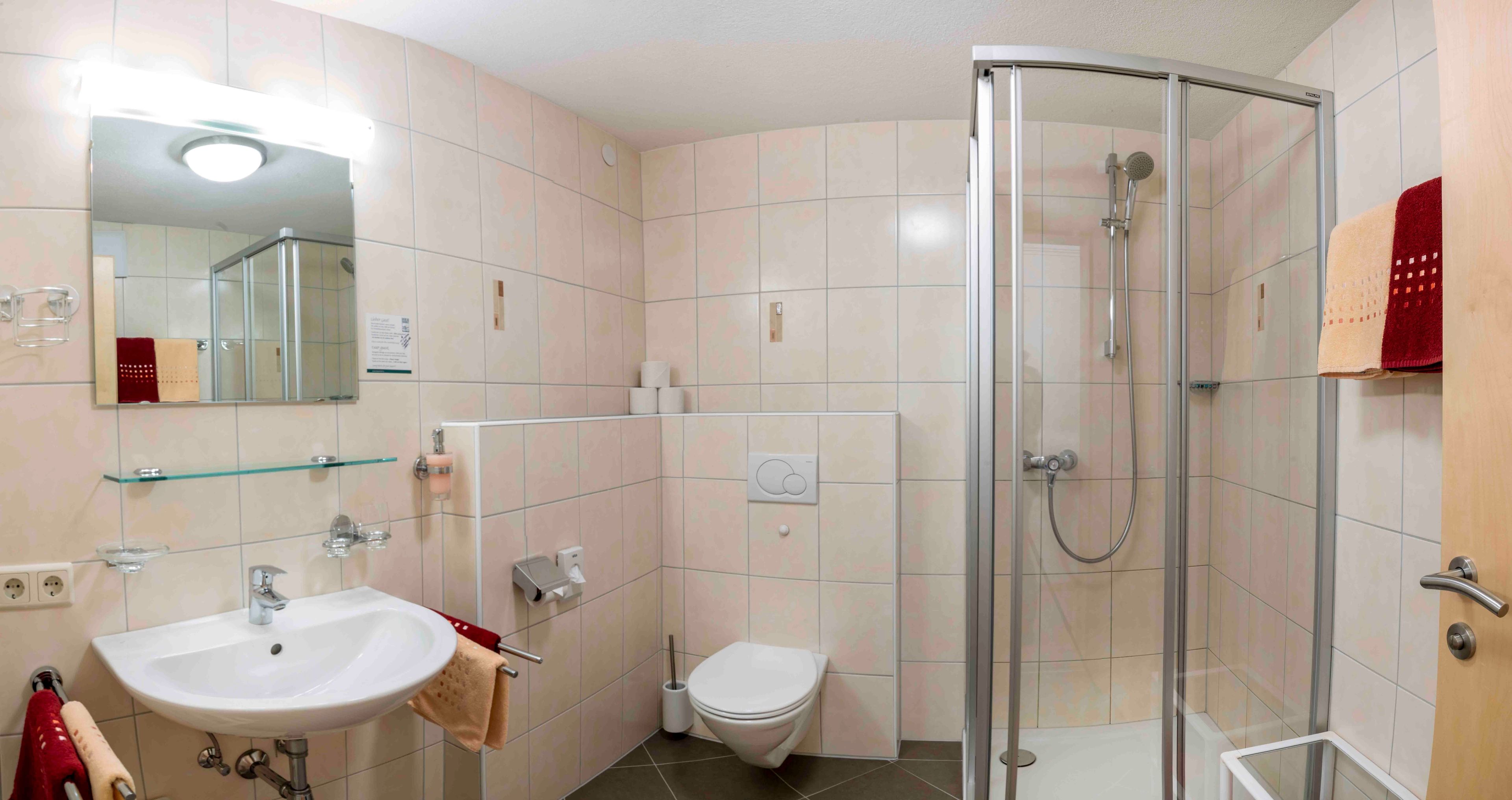 A bathroom with a glass-enclosed shower, a sink, and a toilet.