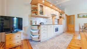 A compact kitchen with wooden cabinets, a built-in oven, and a television on a wooden cabinet. - Apartamenty Sun & Snow Moniuszki (Karpacz)