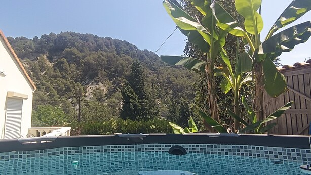 A swimming pool with clear blue water, surrounded by lush greenery and a mountainous backdrop. - Quiet house near Nice (Contes)