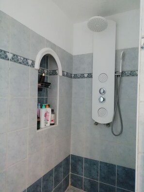 Combined shower/bathtub, hair dryer, soap, shampoo
