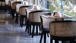 Interior de restaurante com várias mesas e cadeiras, iluminação pendente e vista para o verde lá fora.
