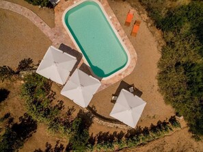 An aerial view of a swimming pool with four white umbrellas and two orange lounge chairs.
