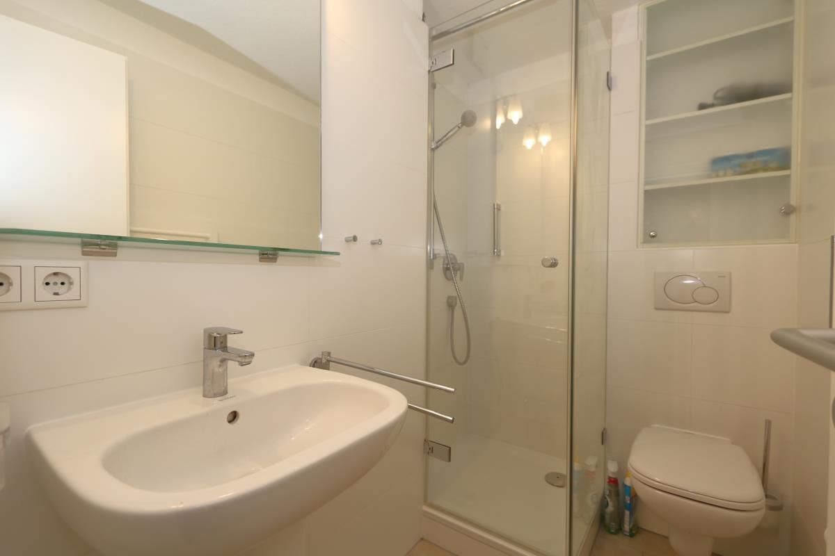 A modern bathroom with a glass-enclosed shower, a white sink, and a toilet.