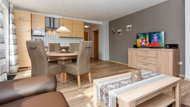 Un salon moderne avec un canapé, une table basse en bois et un téléviseur posé sur un meuble.