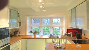 Eine moderne Küche mit großem Fenster, Edelstahlgeräten und einer Holzausziehtheke.