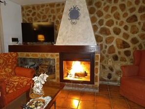Ein Wohnzimmer mit Steinsandsteinwand, Kamin, Fernseher und zwei Sofas.