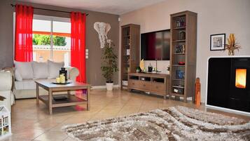 Télévision, cheminée, lecteur de DVD