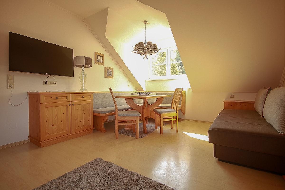 A loft-style room with a dining area, a sofa, a TV, and a chandelier.