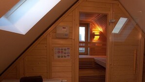 Une pièce mansardée en bois, avec un plafond en pente, un puits de lumière, un lit et un panneau de commande doté de divers boutons et indicateurs.