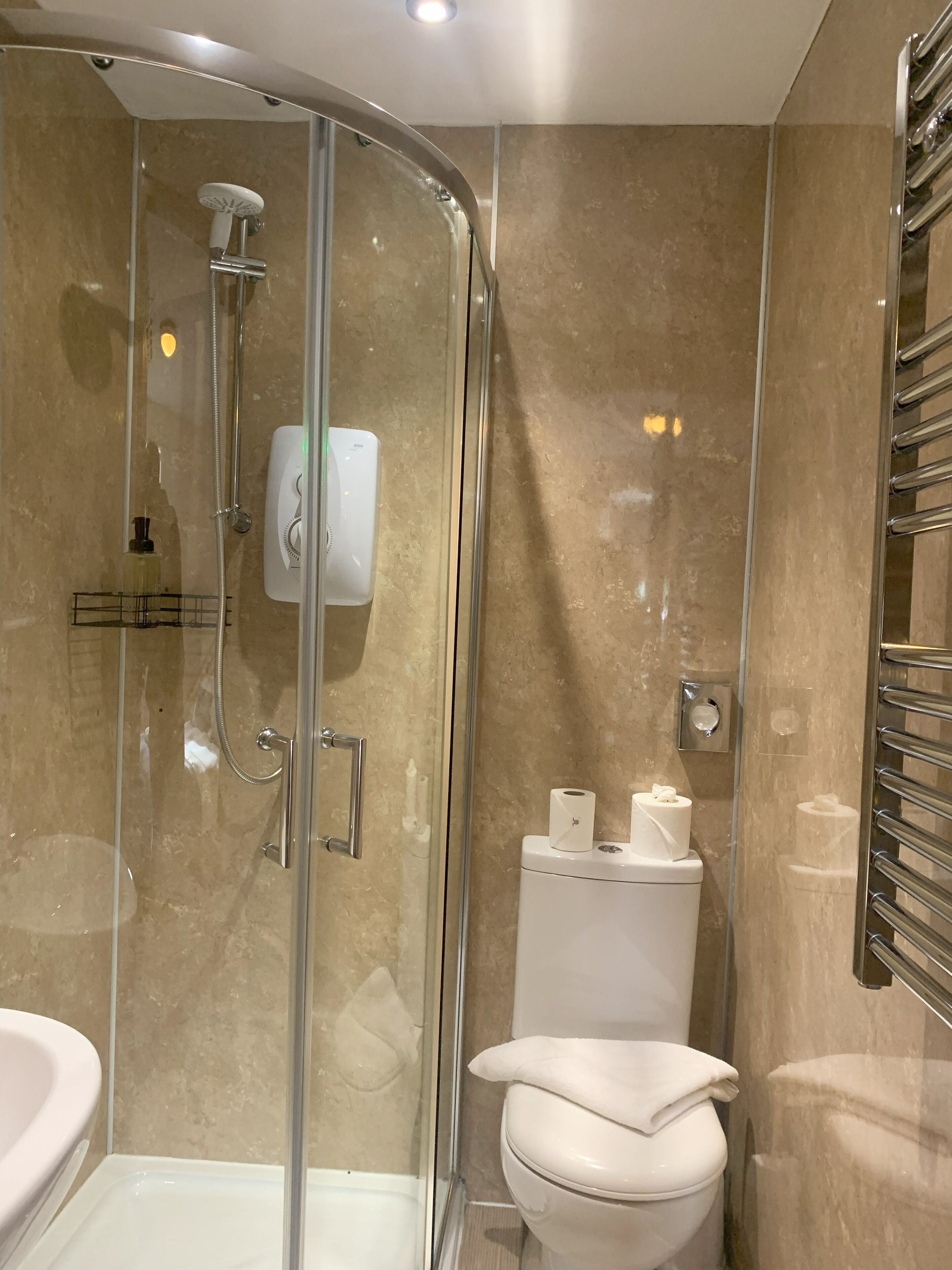 Shower, hair dryer, towels