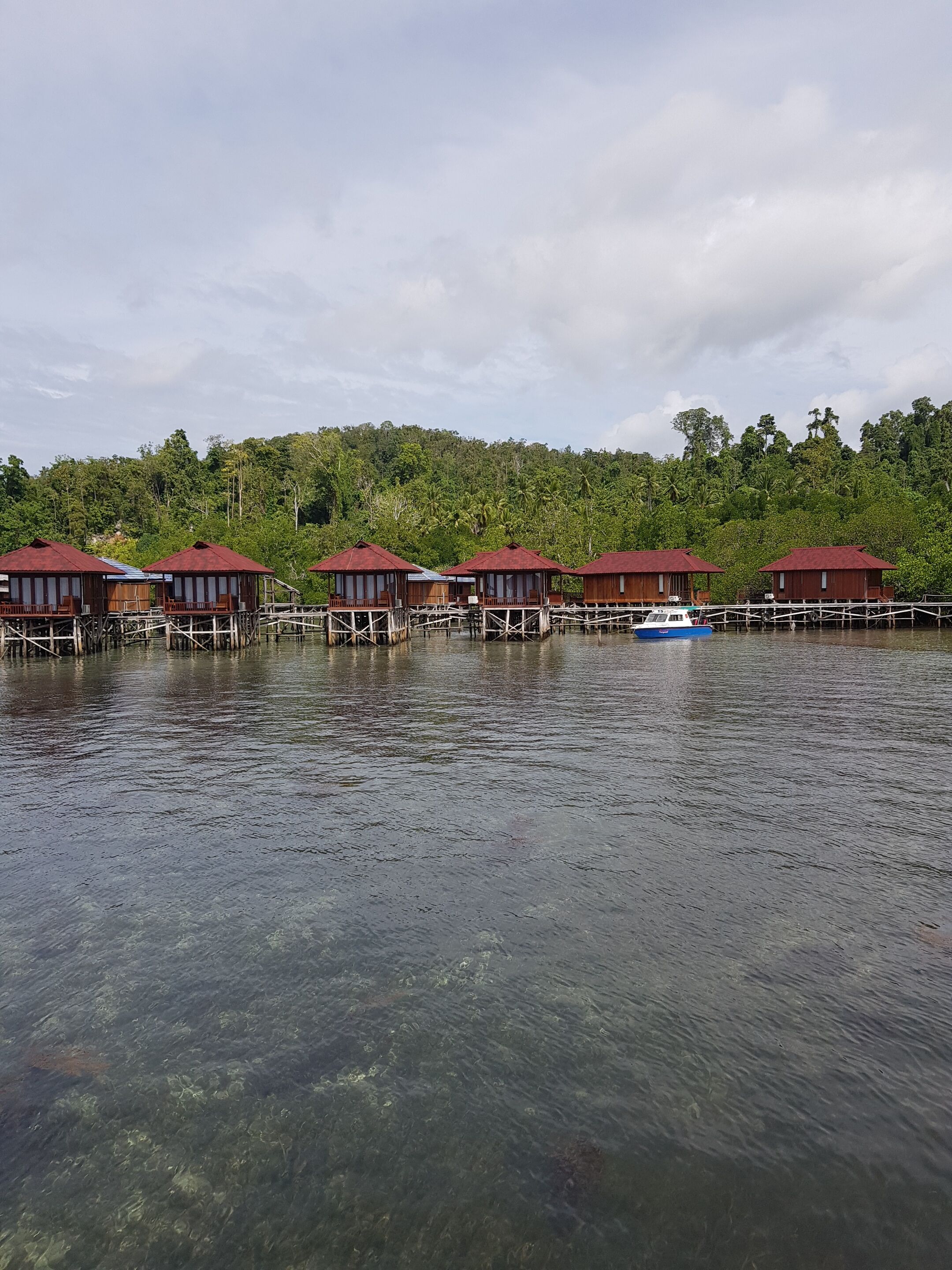 Una fila de bungalows de madera sobre el agua, con aguas cristalinas frente a ellos.