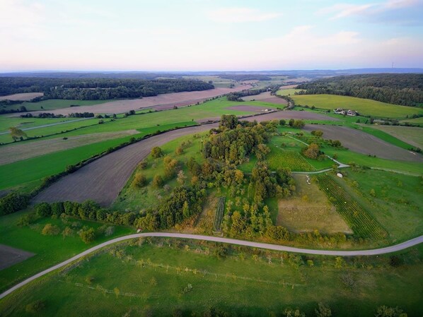 An aerial view of a rural landscape with fields, a winding road, and scattered buildings. - Our Cabin in Rozerotte (Rozerotte)