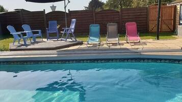Seasonal outdoor pool, pool umbrellas, pool loungers